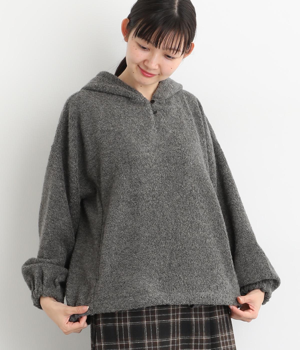 毛混パイルフーディー袖口・後ろ裾ゴムプルオーバー(杢チャコール-F)