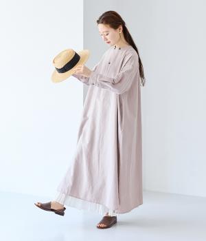 コットンリネン平織り変形ヘンリーネック8分袖シャツワンピース(グレー-ONESIZE)