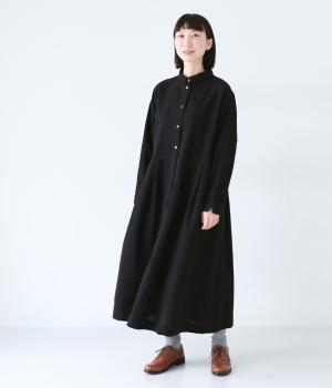 コットンリネン先染め切替シャツワンピース(ブラック-F)