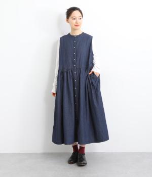 ライトコットンリネンデニムノースリーブ切替ジレワンピース(ダークインディゴ-F)