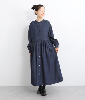 ライトコットンリネンデニム前開き切替ギャザーワンピース(ダークインディゴ-F)