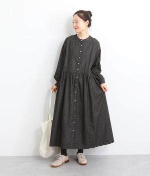 ライトコットンリネンデニム前開き切替ギャザーワンピース(ブラック-F)