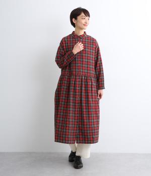 綾織起毛チェック切替ギャザーワンピース(レッドチェック-F)
