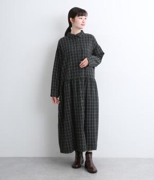 綾織起毛チェック切替ギャザーワンピース(グリーンチェック-F)