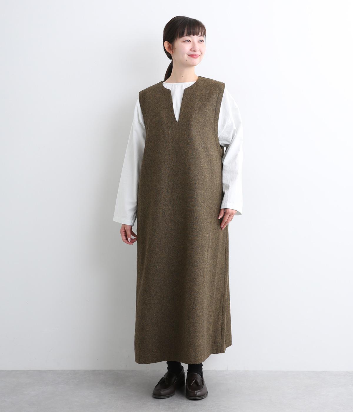 毛混ホームスパンキーネックプルオーバーベストジャンパースカート(ブラウン-F)