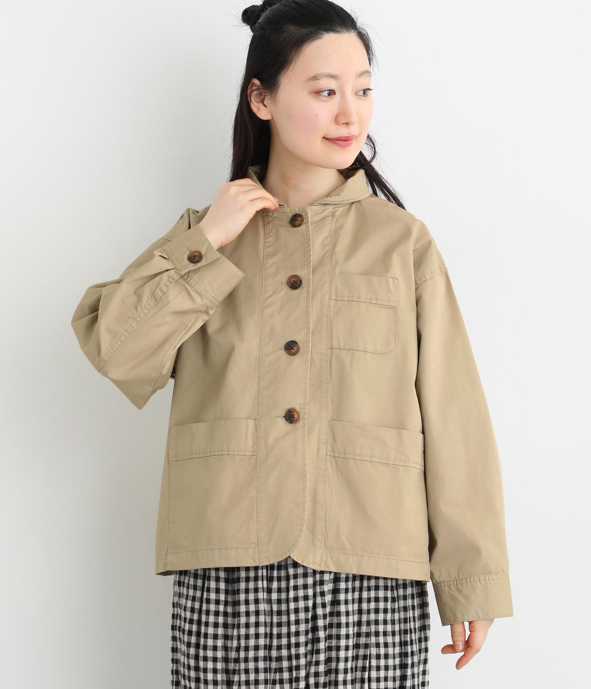 コットンツイルラウンドネックワークジャケット(ベージュ-F)