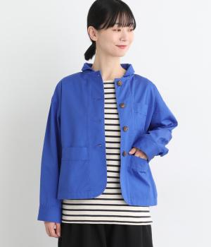 コットンツイルラウンドネックワークジャケット(ブルー-F)