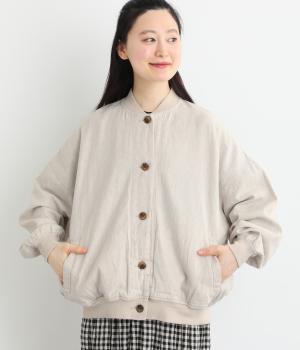 リネンコットン綾織りボリューム袖ブルゾン(ベージュ×オフホワイト-F)