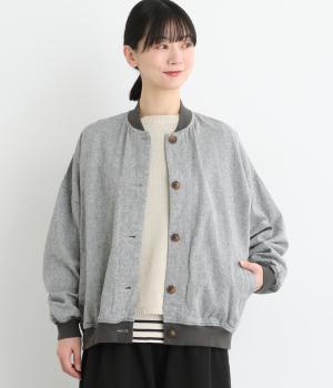 リネンコットン綾織りボリューム袖ブルゾン(ブラック×オフホワイト-F)