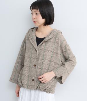 コットンリネン先染チェックフーディブルゾン(裾紐付き)(ブラウンチェック-F)