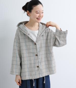 コットンリネン先染チェックフーディブルゾン(裾紐付き)(グレーチェック-F)