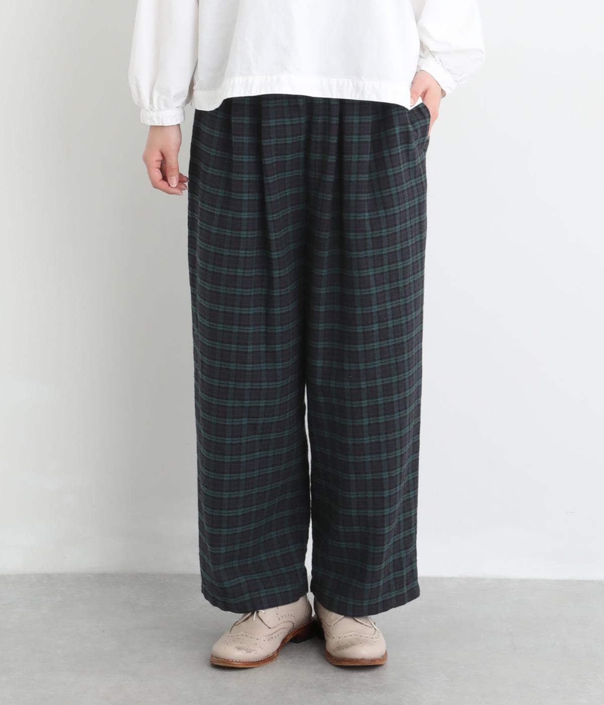 コットンリネンヘリンボーンタックワイドパンツ(ブラックウォッチ-F)