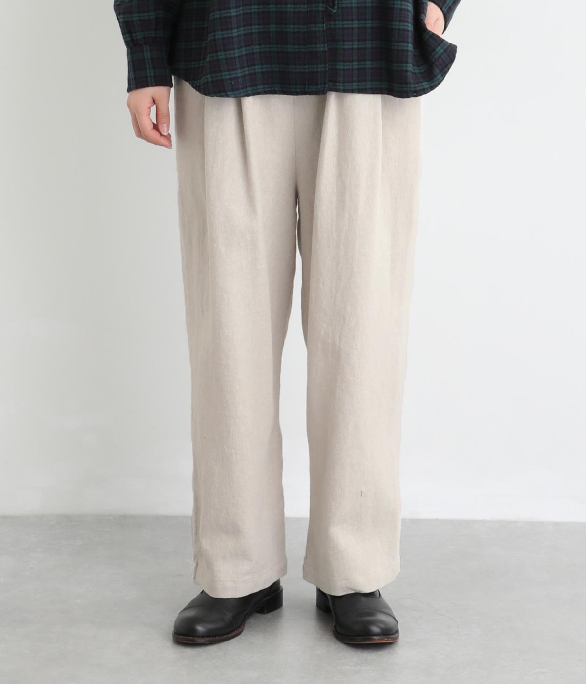 リネンコットン綾織り2タックパンツ(ベージュ×オフホワイト-F)