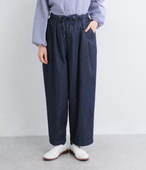 ライトオンスコットンリネンデニム2タックワイドテーパードパンツ(ダークインディゴ-F)
