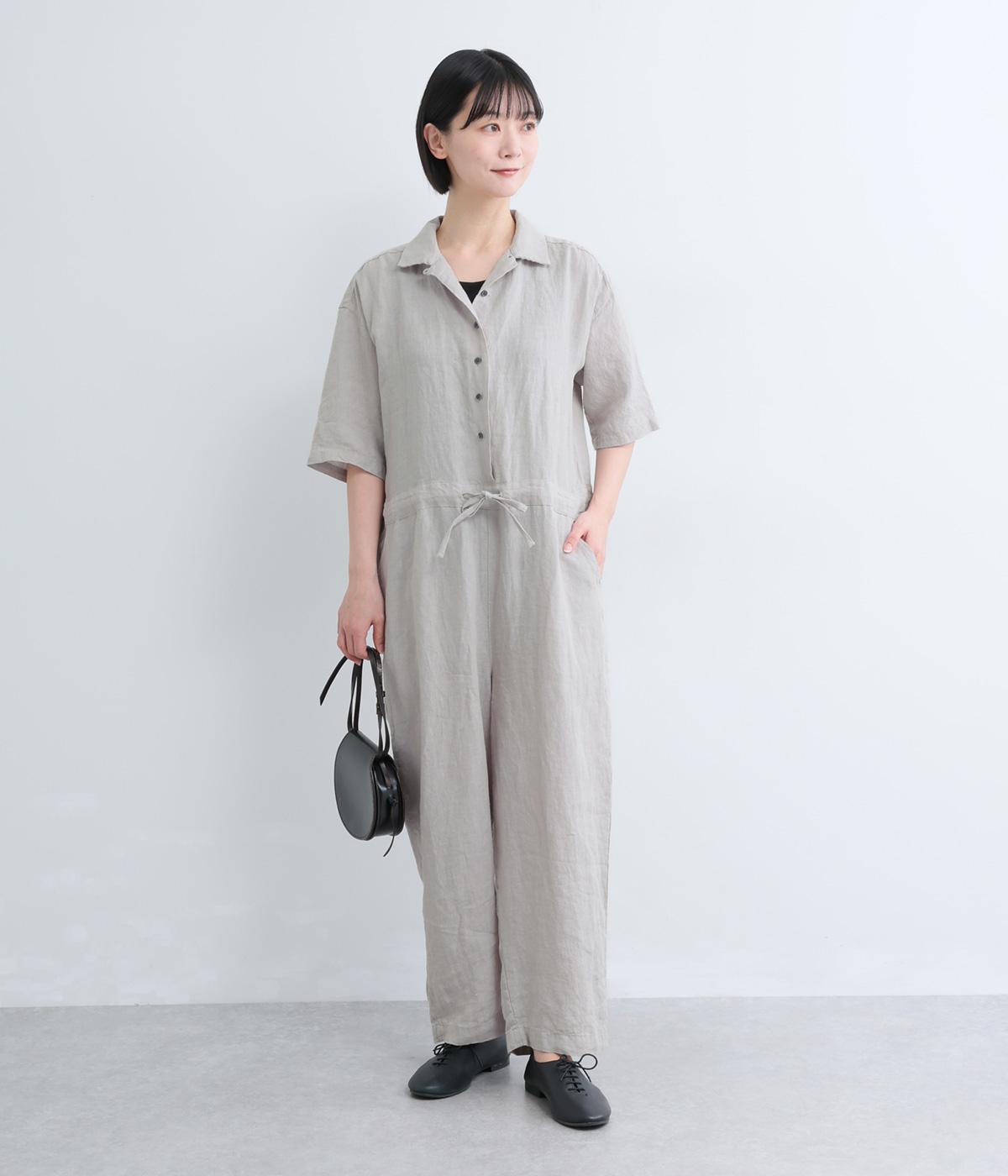 平織リネンオープンカラーオールインワン(S/グレー-F)