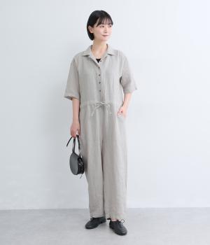 平織リネンオープンカラーオールインワン(S/グレー-F)