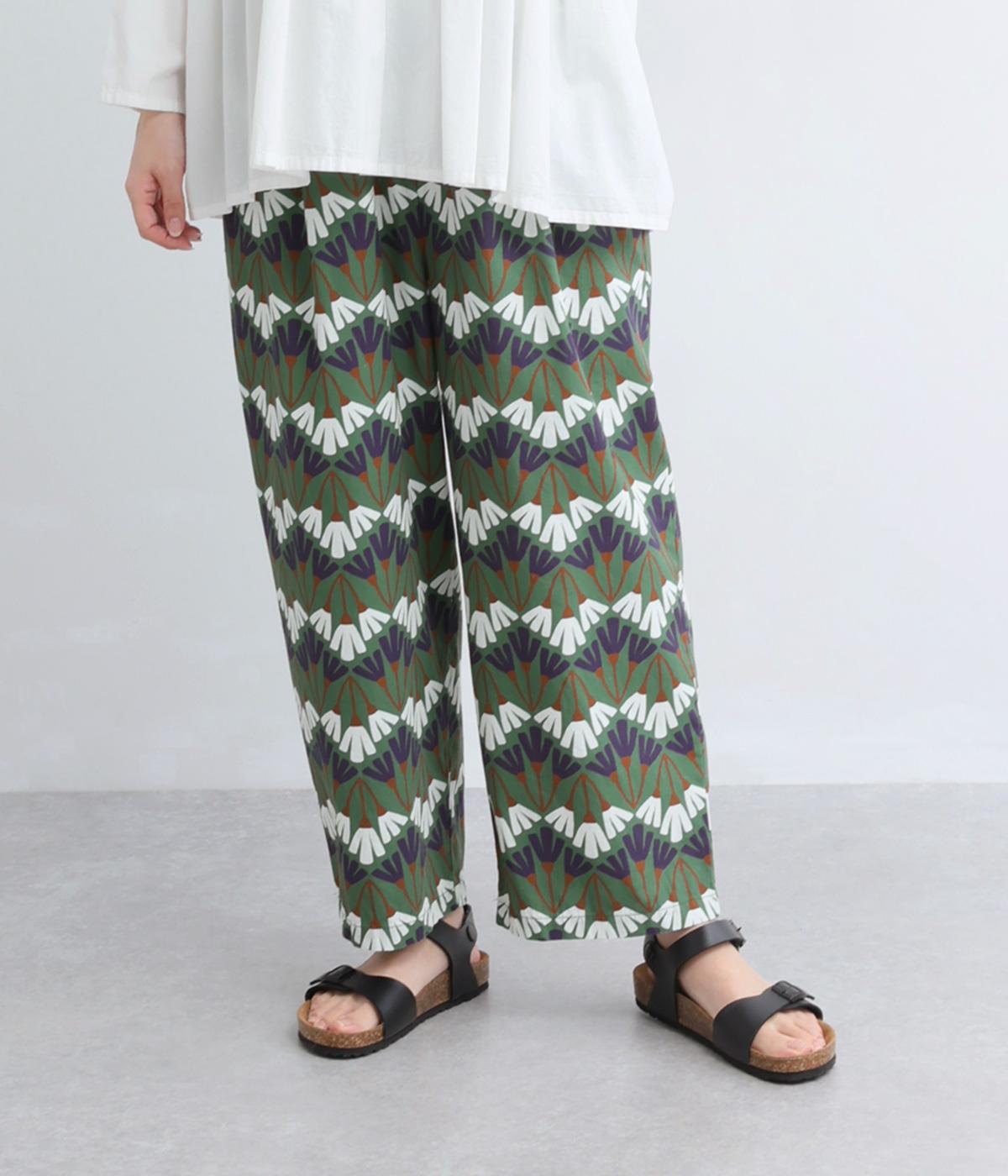 コットンリネン平織(北欧柄)イージーパンツ(グリーン-F)