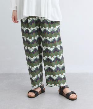 コットンリネン平織(北欧柄)イージーパンツ(グリーン-F)