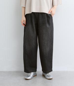 8.5ozコットンデニム(ブラスト加工)デニムフェードイージーパンツ(ライトブラック-F)