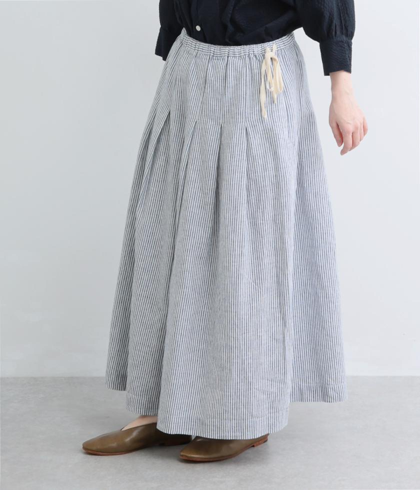 コットンリネン平織りシャンブレーサイドリボンタックスカート