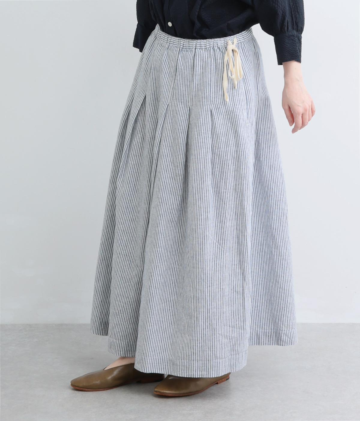コットンリネン平織りシャンブレーサイドリボンタックスカート(ストライプシャンブレー-F)