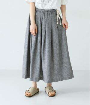 【5月下旬発売予定】コットンリネン平織りシャンブレーサイドリボンタックスカート(ブラックシャンブレー-F)
