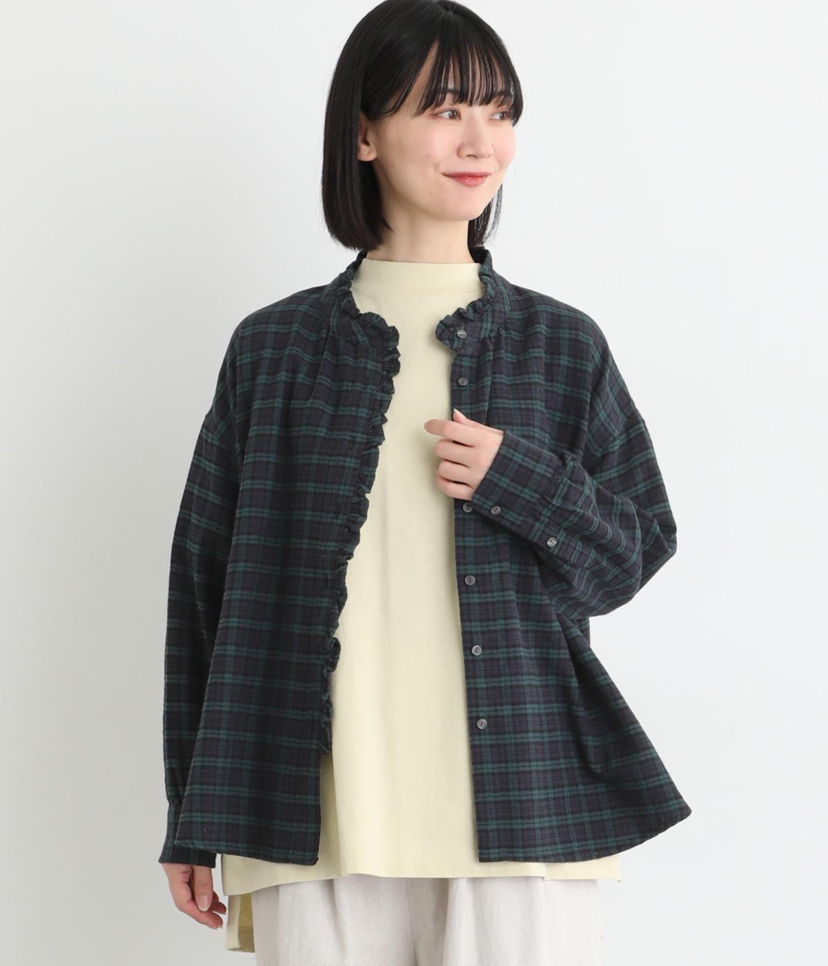 コットンリネンヘリンボーンフリルブラウス(ブラックウォッチ-F)