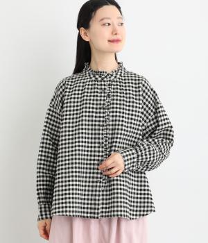 コットンリネンヘリンボーンフリルブラウス(ギンガムチェック-F)