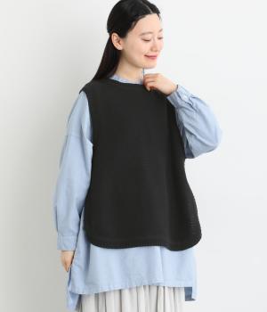 コットンニットサイドスリットベスト(鹿の子編み)(ブラック-F)