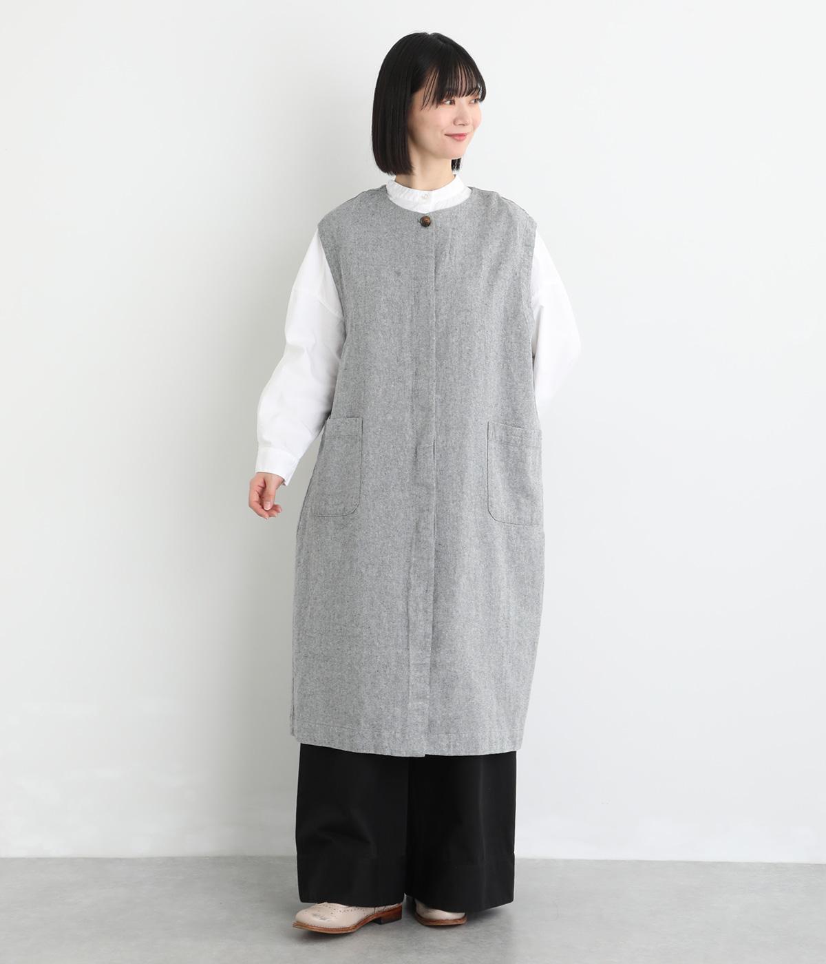 リネンコットン綾織りロングジレ(ブラック×オフホワイト-F)