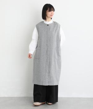 リネンコットン綾織りロングジレ(ブラック×オフホワイト-F)