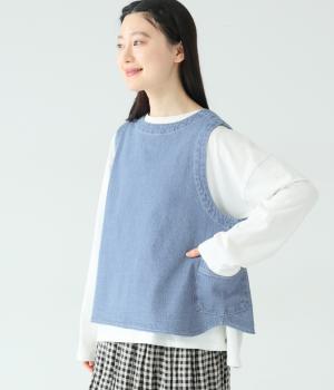 レギュラーオンスコットンリネンデニム2wayサイドポケットベスト(ライトインディゴ-F)