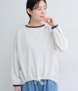 コットンリネン先染め配色パイピングプルオーバー(裾紐付き)(ストライプ-F)