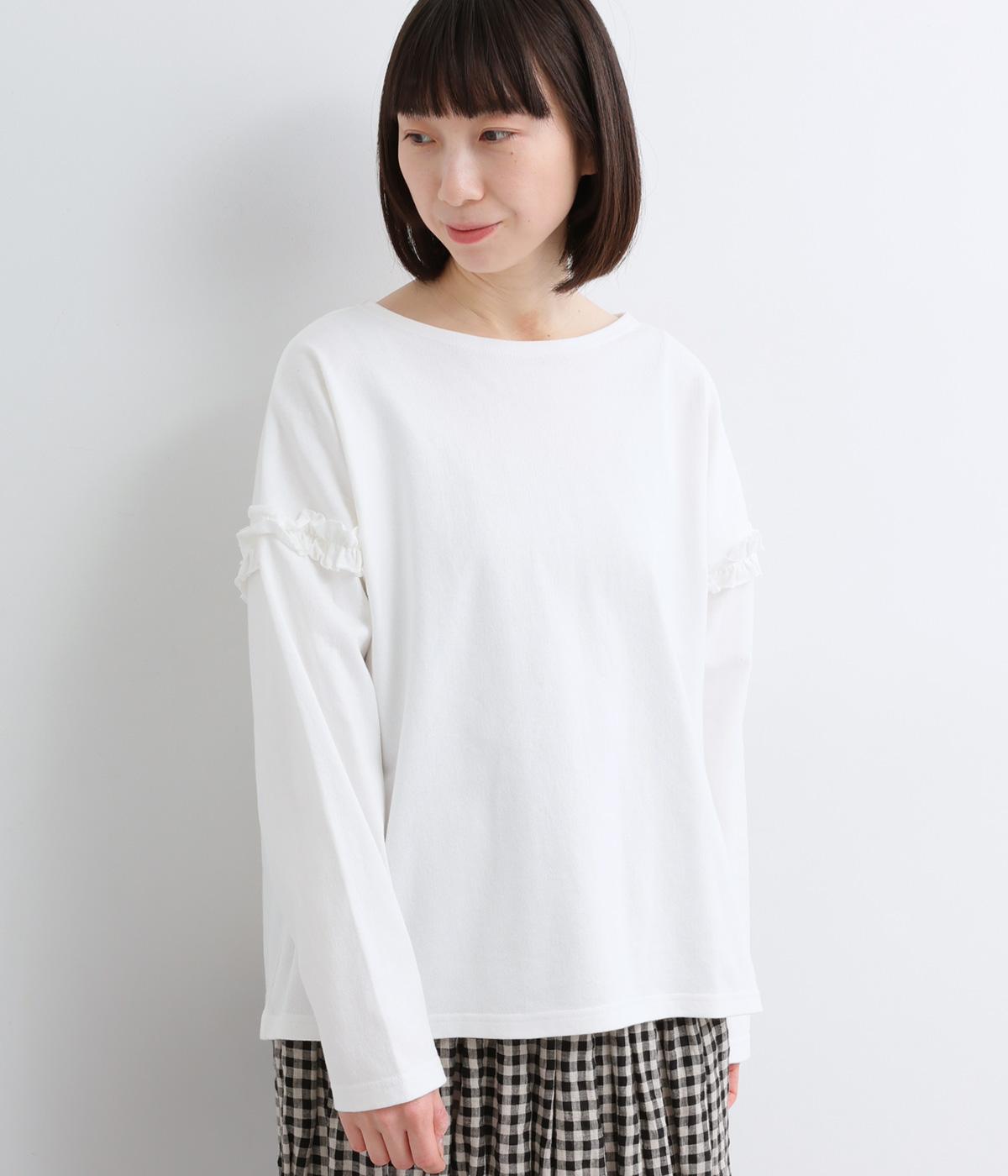 OE度詰め天竺フリル切替ボートネック(オフホワイト-F)