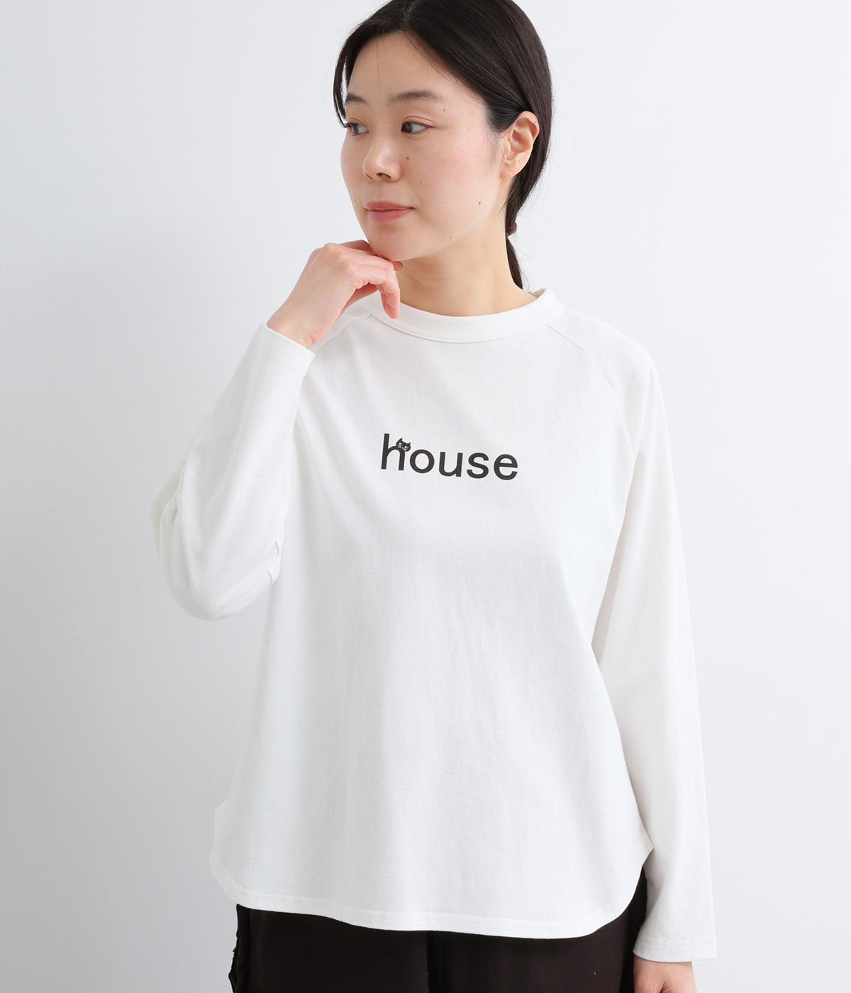 OE天竺ハローCATプリントラグランラウンドヘムロンT(オフホワイト-F)