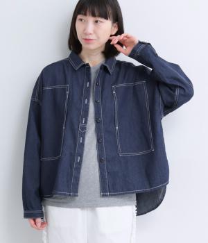 ライトオンスコットンリネンデニムプリズナーシャツ(ダークインディゴ-F)