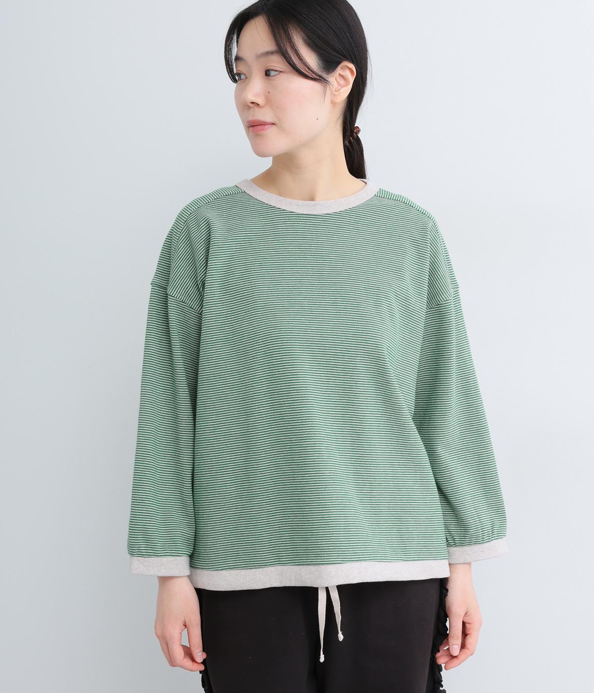 ムラ糸鹿の子ミジンボーダードロップショルダー8分袖プルオーバー(裾紐付き)(グリーン×杢ベージュ-F)