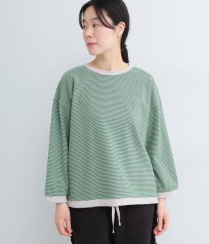 ムラ糸鹿の子ミジンボーダードロップショルダー8分袖プルオーバー(裾紐付き)(グリーン×杢ベージュ-F)