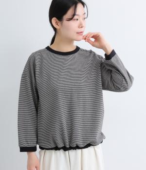 ムラ糸鹿の子ミジンボーダードロップショルダー8分袖プルオーバー(裾紐付き)(ブラック×杢ベージュ-F)