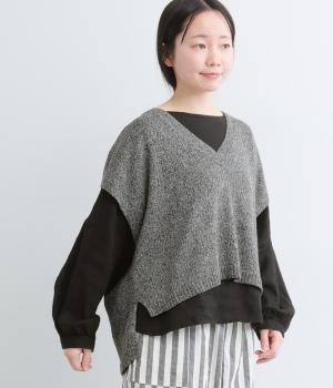 コットン強撚ニットVネックワイドベスト(グレーミックス-F)