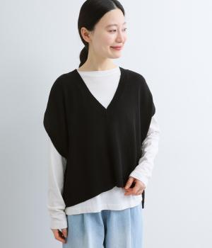 コットン強撚ニットVネックワイドベスト(ブラック-F)