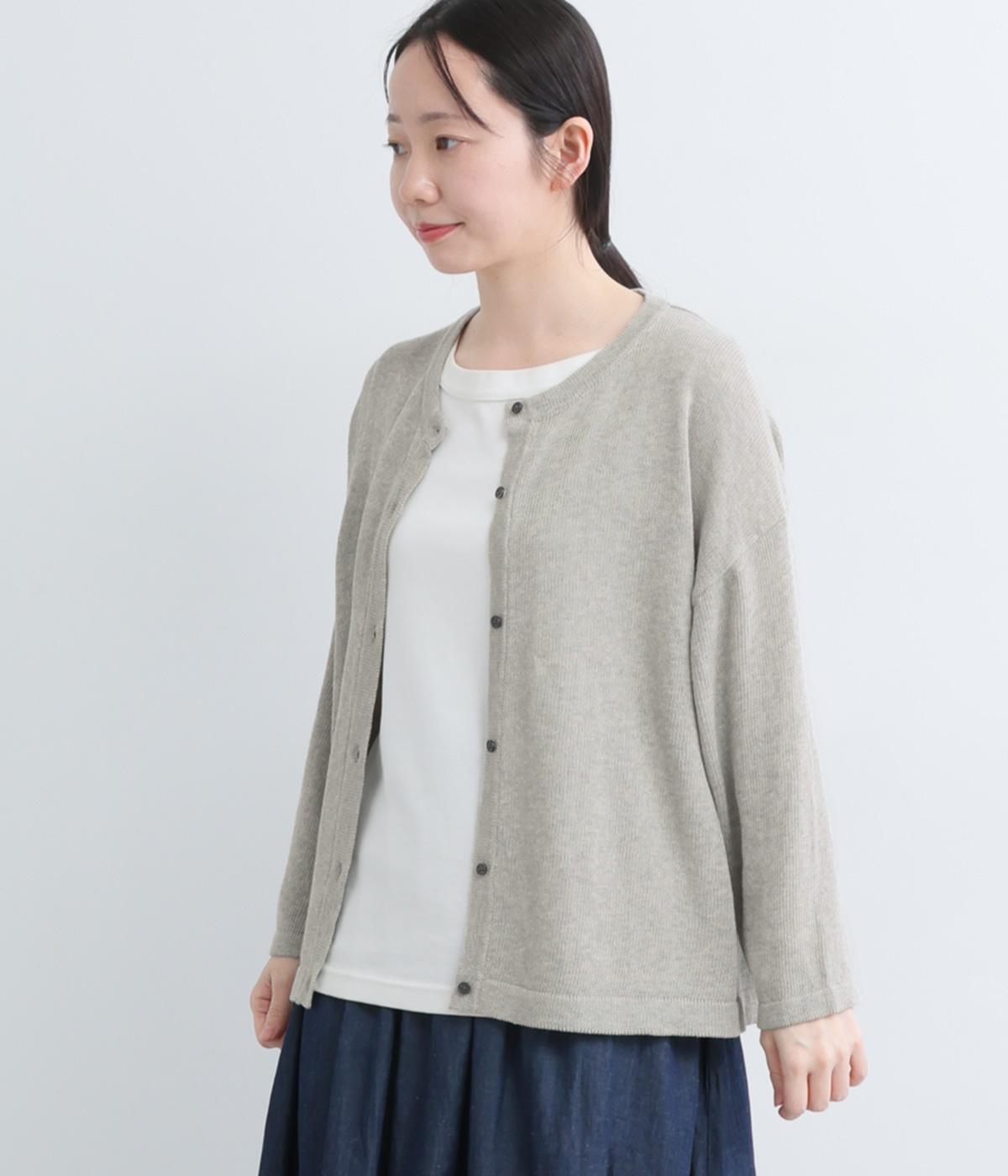 コットン強撚ニットクルーカーディガン(7分袖)(杢グレー-F)