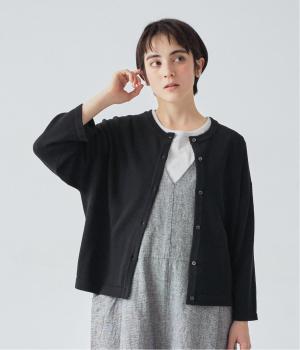 コットン強撚ニットクルーカーディガン(7分袖)(ブラック-F)