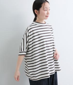 コットンOE天竺(ボーダー)モックネックドルマンワイドプルオーバー