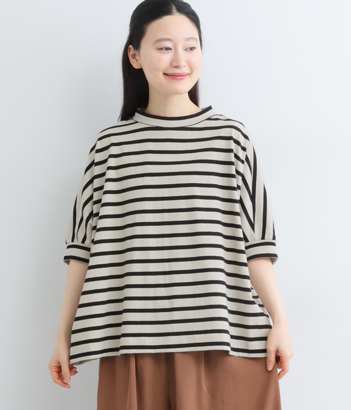 コットンOE天竺(ボーダー)モックネックドルマンワイドプルオーバー(グレージュ×ブラック-F)