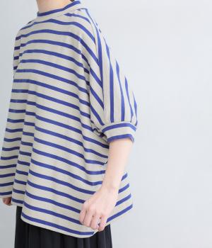 コットンOE天竺(ボーダー)モックネックドルマンワイドプルオーバー(グレージュ×ロイヤルブルー-F)