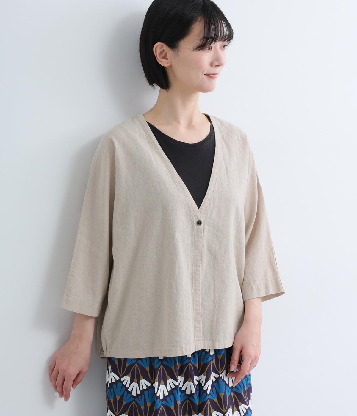 コットンリネンキャンバス1釦BACK裾ゴムカーディガン(7分袖)(サンドベージュ-F)