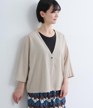 コットンリネンキャンバス1釦BACK裾ゴムカーディガン(7分袖)(サンドベージュ-F)