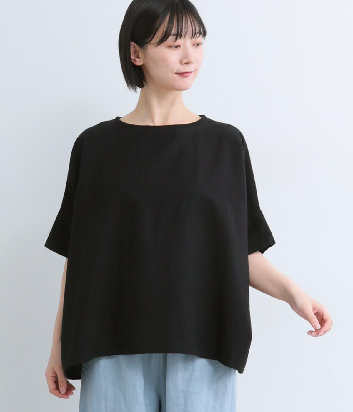 コットンリネンキャンバス襟リブ配色ワイドプルオーバー(ブラック-F)