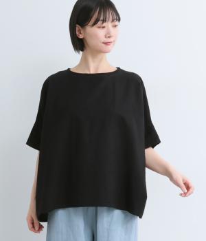 コットンリネンキャンバス襟リブ配色ワイドプルオーバー(ブラック-F)